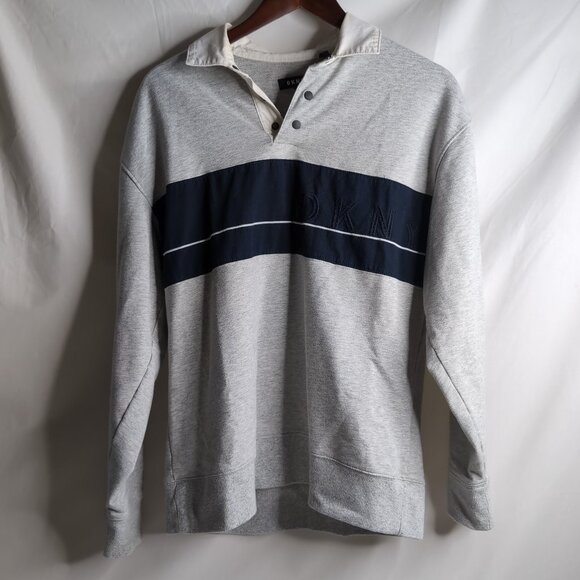 DKNY Men's Light Grey Snap Button Polo Navy Stripe Embroidery Spellout, Size Med - Picture 1 of 9
